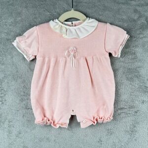 Tiny Finery Knit Bubble Romper 6-9 Mo Pink‎ White Ruffle Collar Coquette VTG 90s